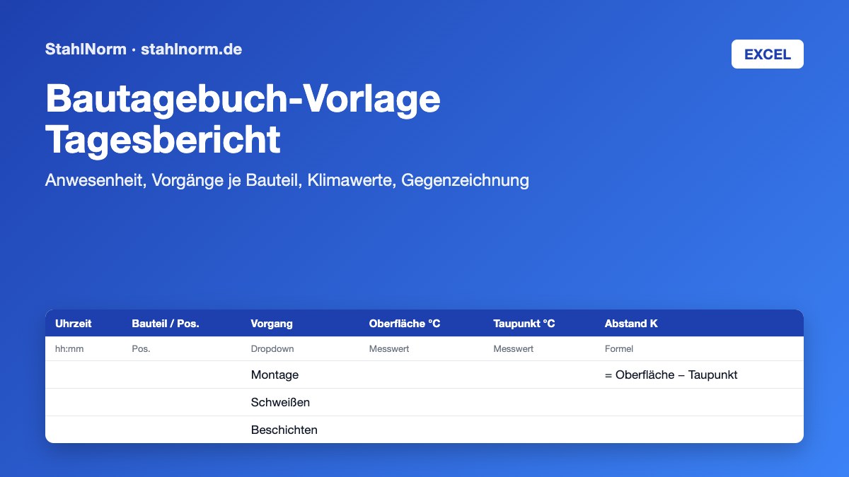 Vorschau: Bautagebuch-Vorlage für den Stahl- und Metallbau (Excel)