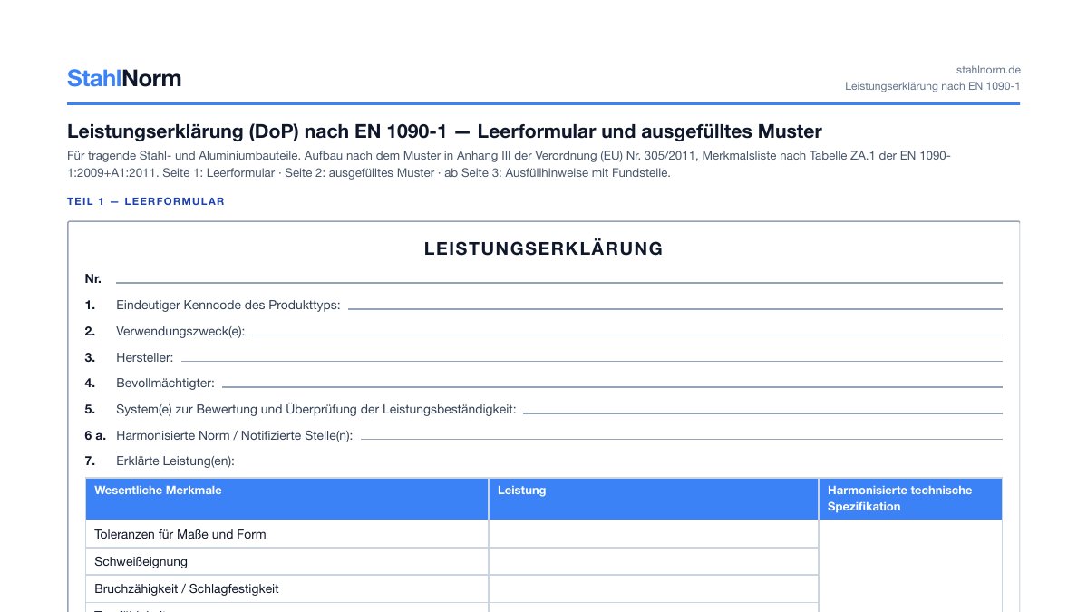 Vorschau: Leistungserklärung (DoP) nach EN 1090-1 — Leerformular und Muster